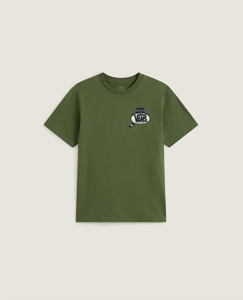 An olive green short-sleeve t-shirt with a small graphic on the left chest featuring the Vans logo and 'The Original Vans' text, displayed on a light beige background.