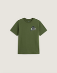 An olive green short-sleeve t-shirt with a small graphic on the left chest featuring the Vans logo and 'The Original Vans' text, displayed on a light beige background.