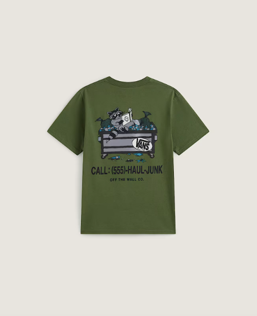 An olive green Vans t-shirt with a graphic print of a dog in a dumpster and the text 'CALL: (555)-HAUL-JUNK' on a light beige background.