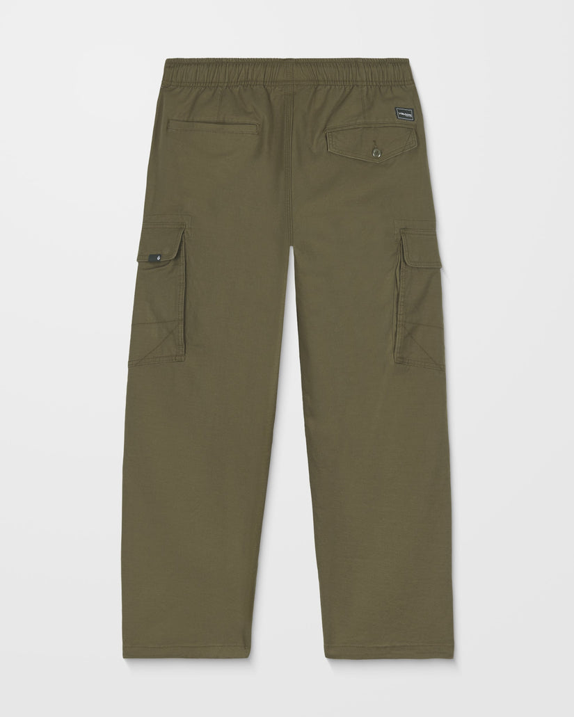 Olive green Volcom cargo pants on a light gray background
