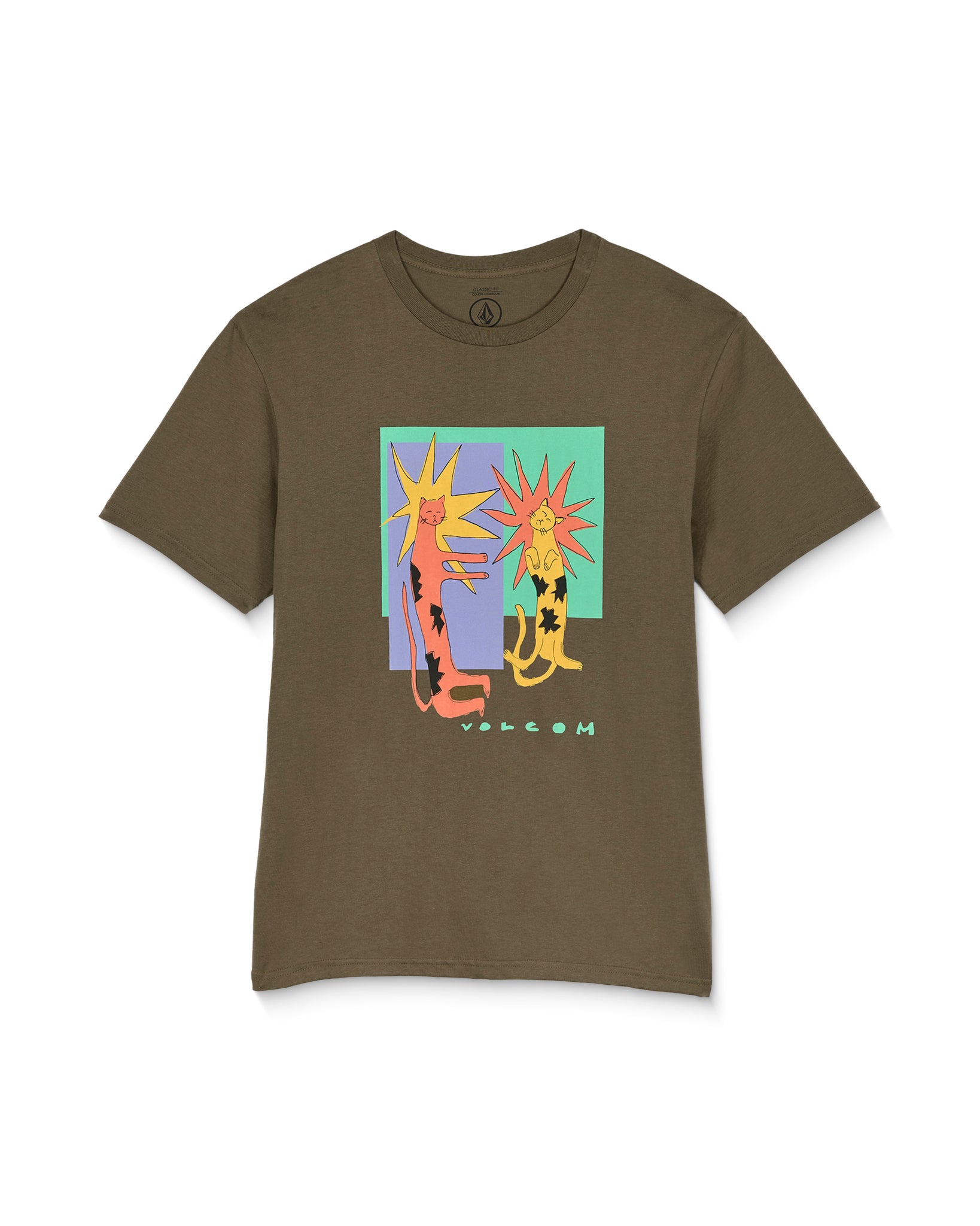 Brown t-shirt with colorful graphic design on a white background