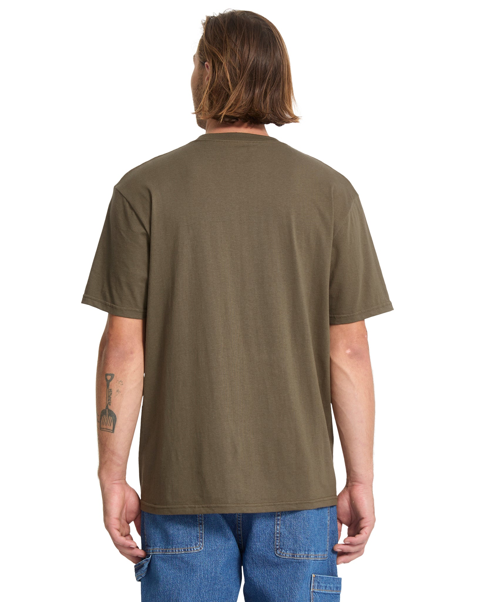 Person wearing a green t-shirt on a white background