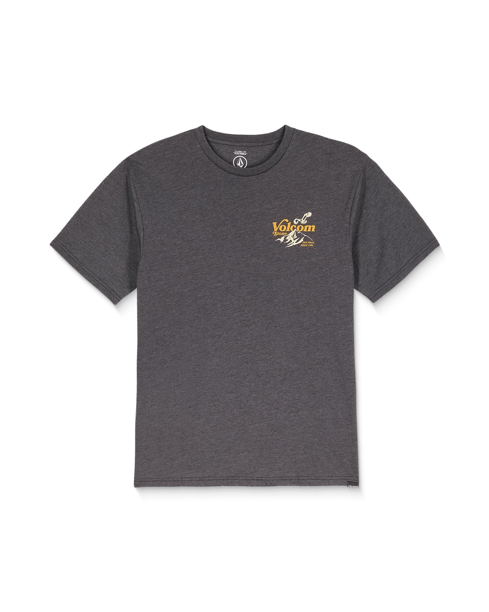 Gray t-shirt with a logo on the chest against a white background