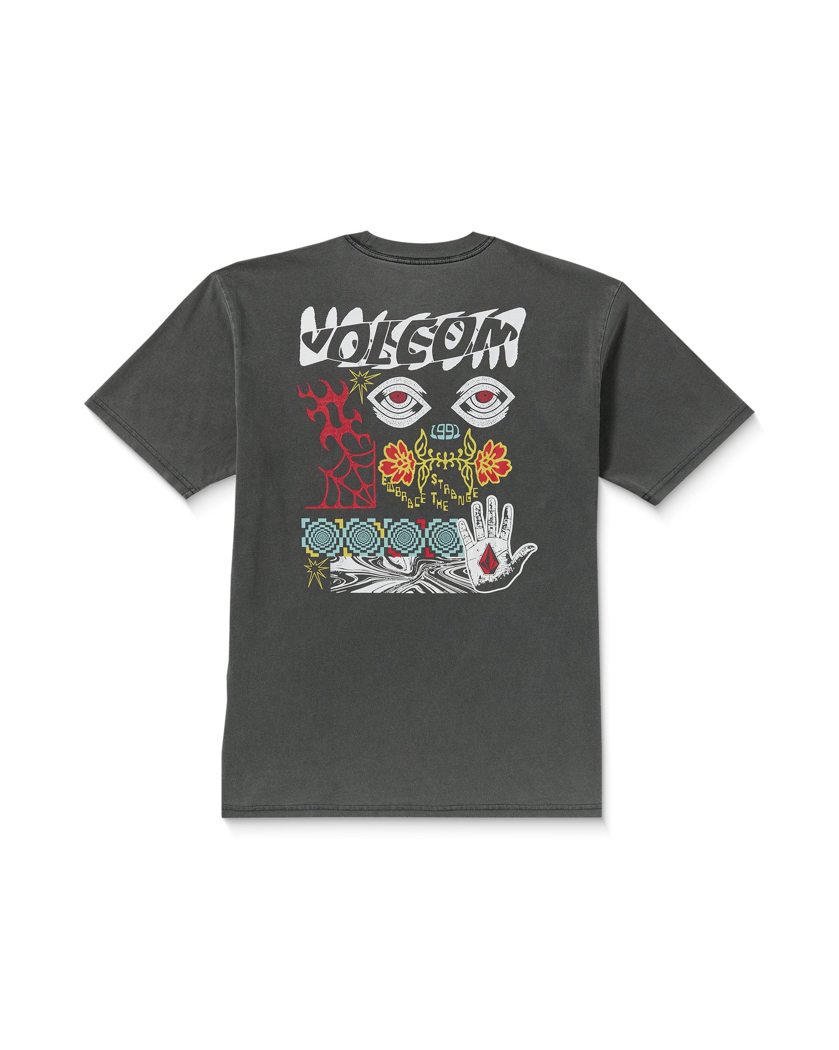 Gray t-shirt with colorful graphic design on the back on a white background