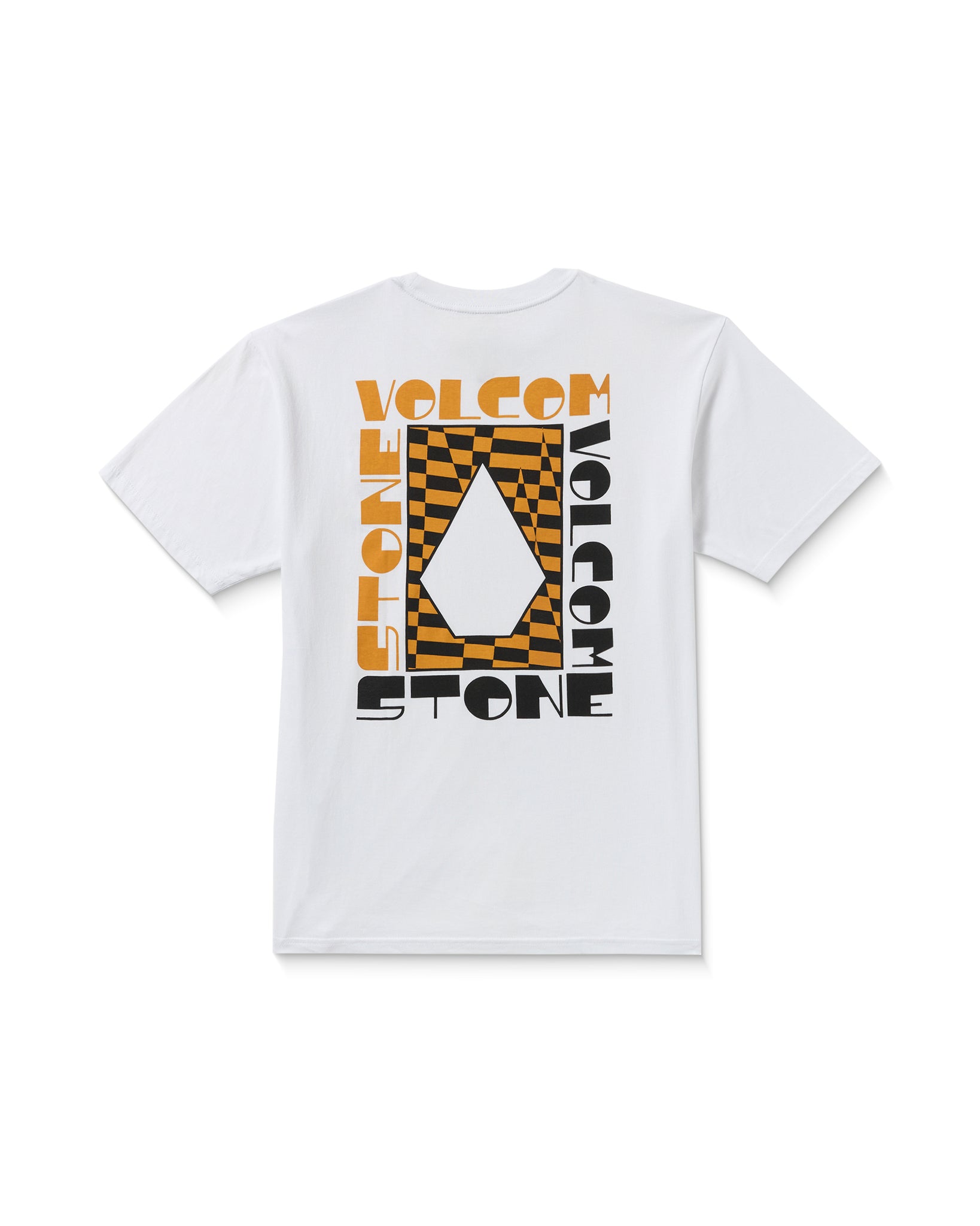 White t-shirt with Volcom logo and text on the back against a white background