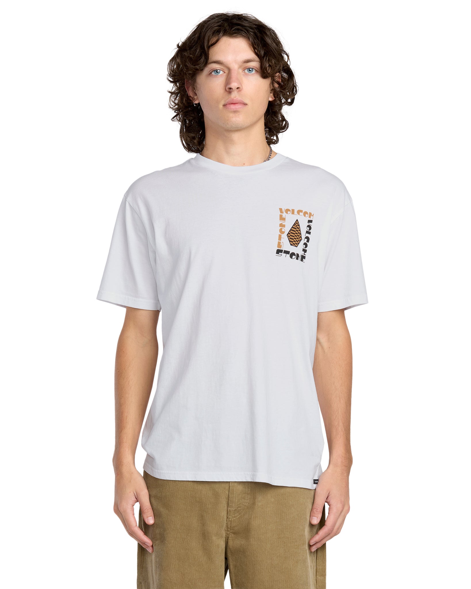 Person wearing a white t-shirt with a graphic design on a white background