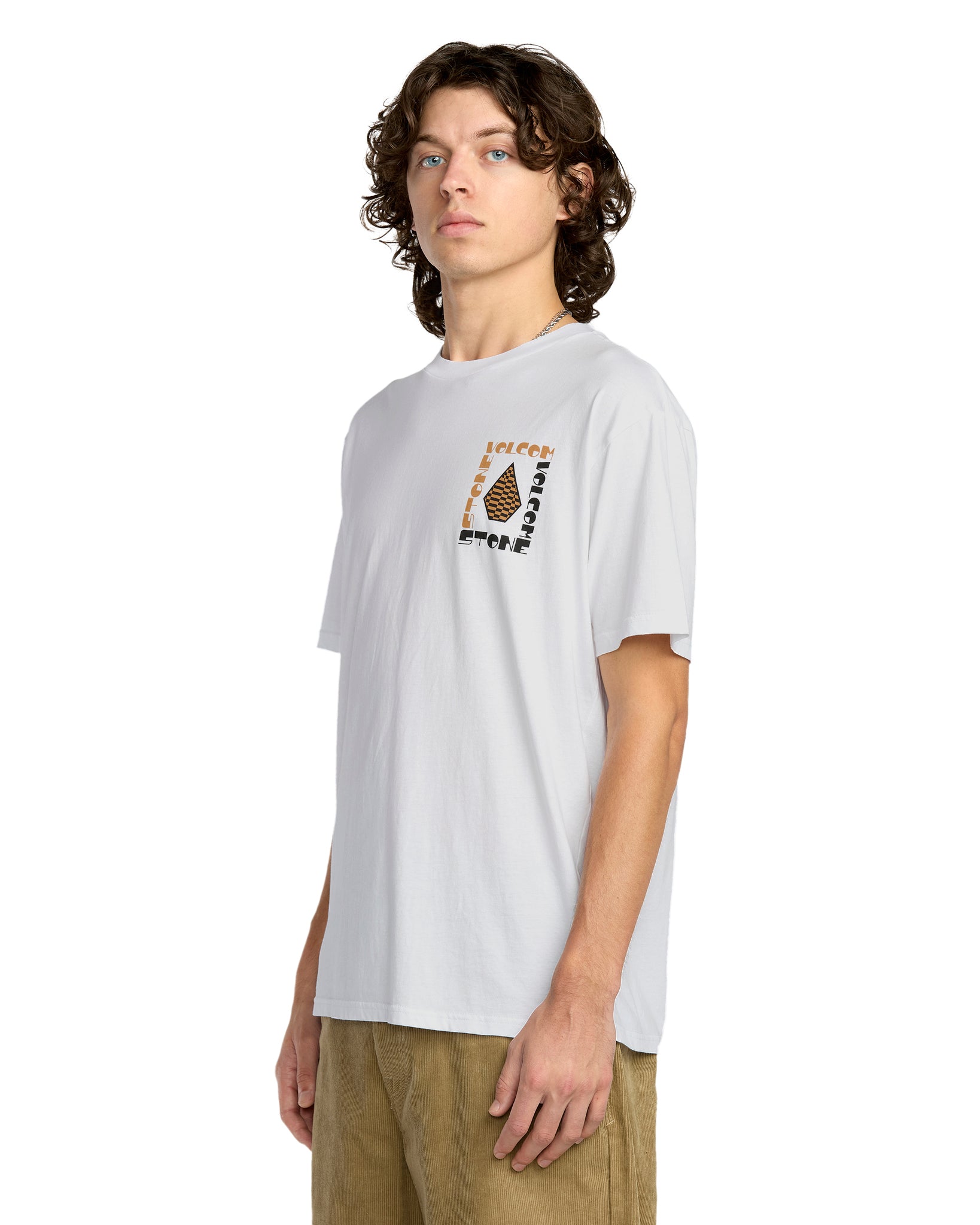 Person wearing a white t-shirt with a graphic design on a white background