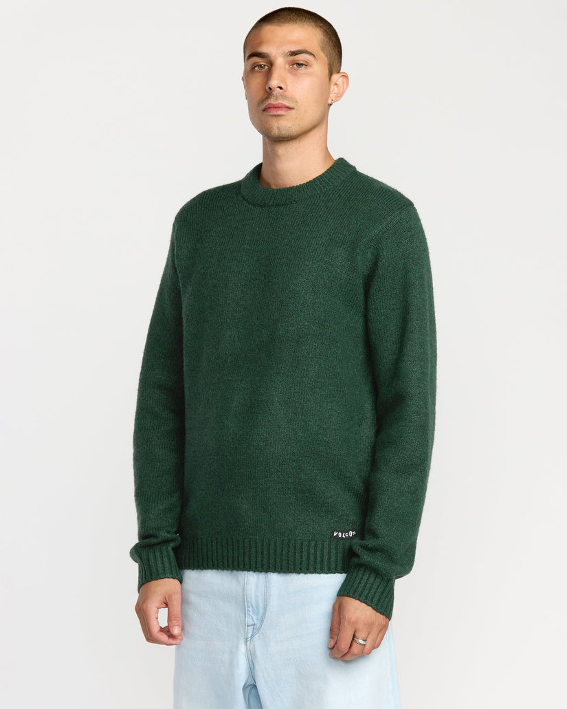 Man wearing a green sweater with a plain background