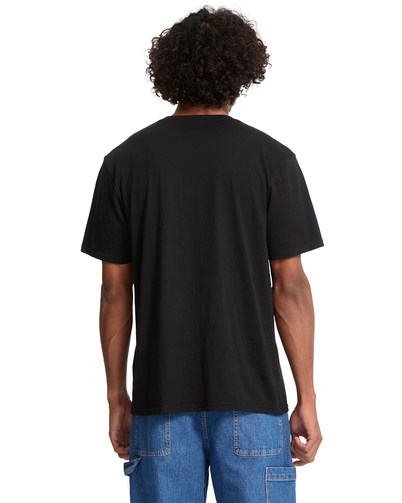 Person wearing a black t-shirt and blue jeans on a white background