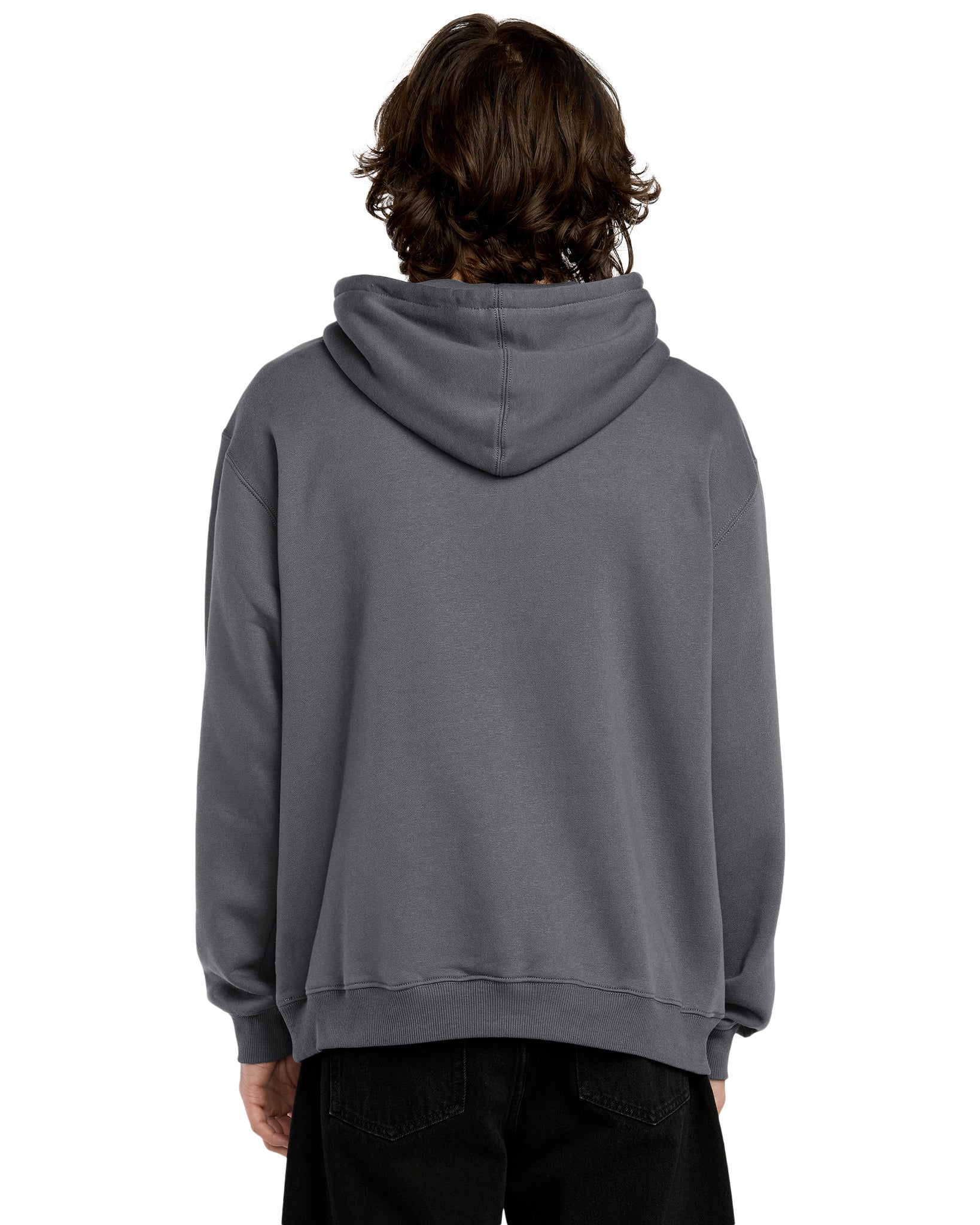 Person wearing a gray hoodie from behind on a white background