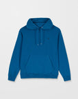 Blue hoodie with a small logo on a light gray background