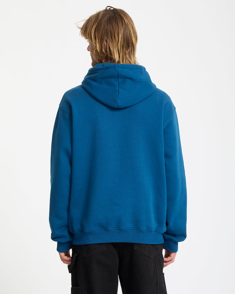 Person wearing a blue hoodie from behind on a white background