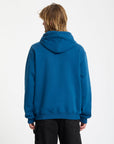 Person wearing a blue hoodie from behind on a white background