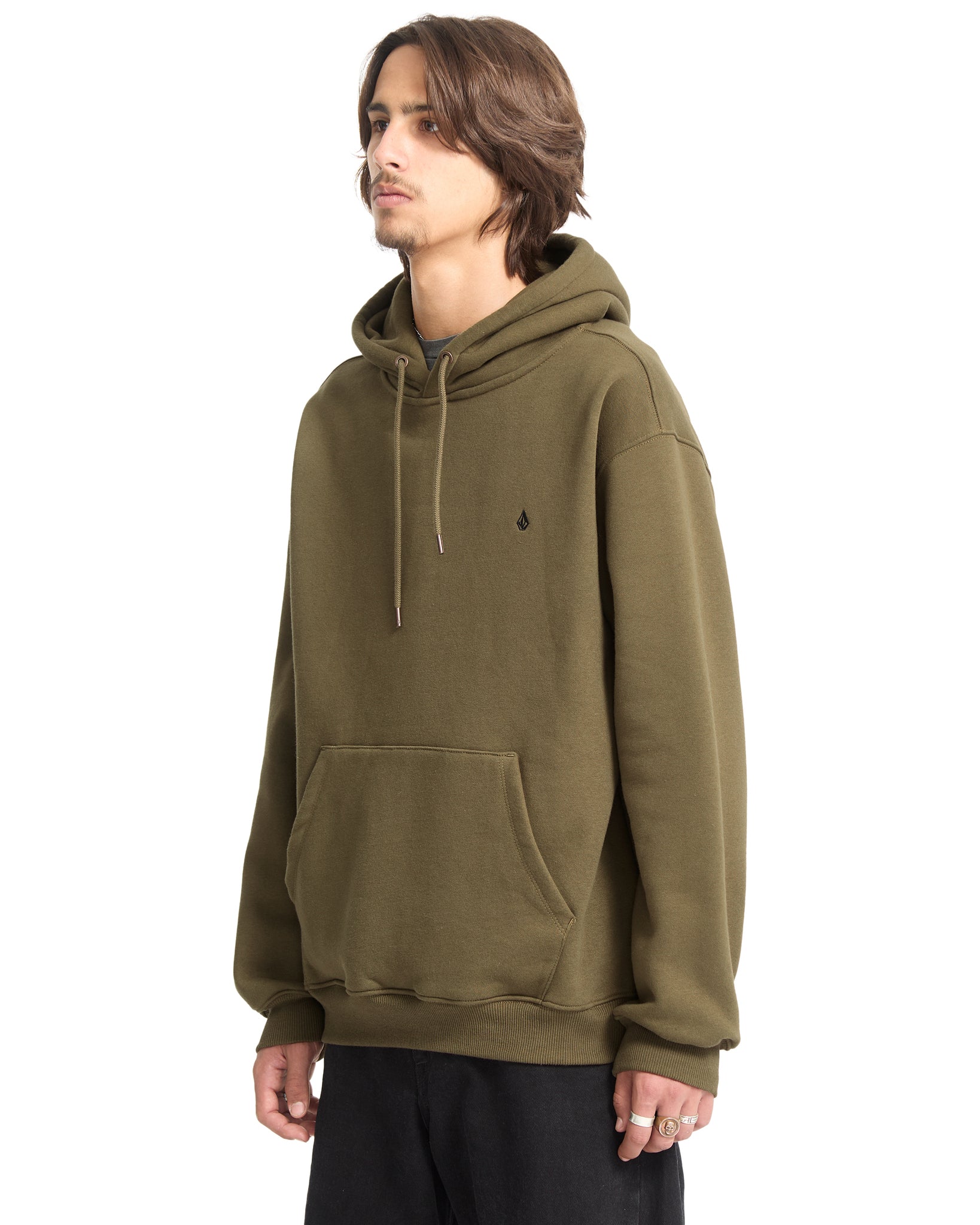 Person wearing an olive green hoodie on a white background