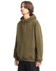 Person wearing an olive green hoodie on a white background