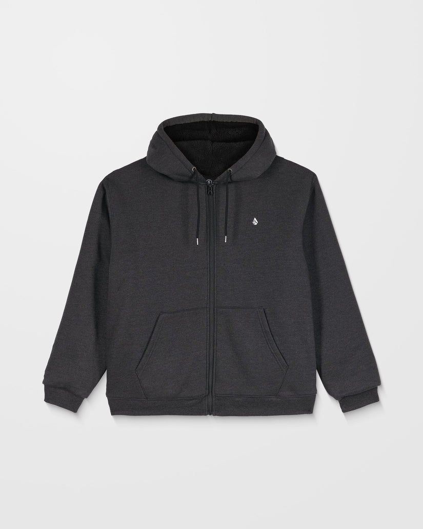 Black hoodie with a small logo on a light gray background