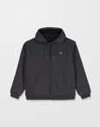Black hoodie with a small logo on a light gray background