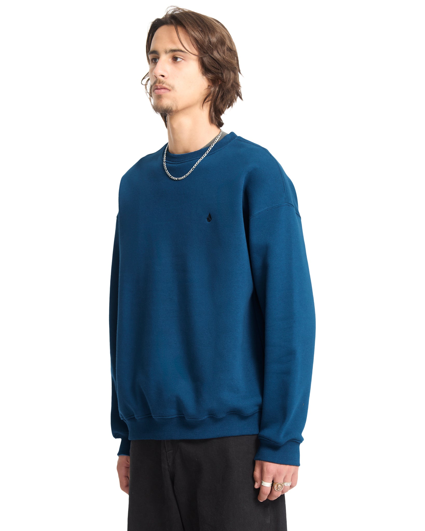 Man wearing a blue sweatshirt on a white background