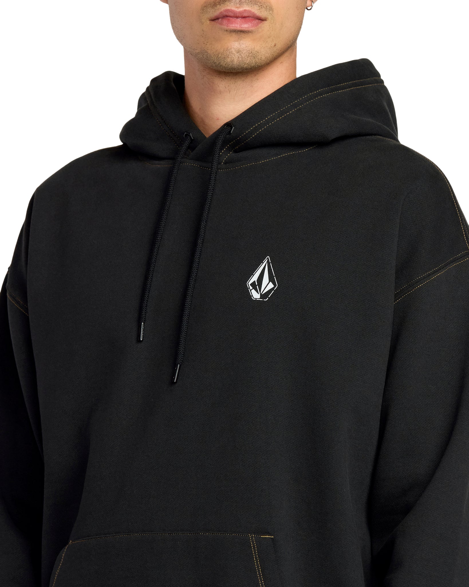 Black hoodie with a logo on the chest against a white background