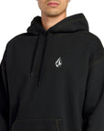 Black hoodie with a logo on the chest against a white background