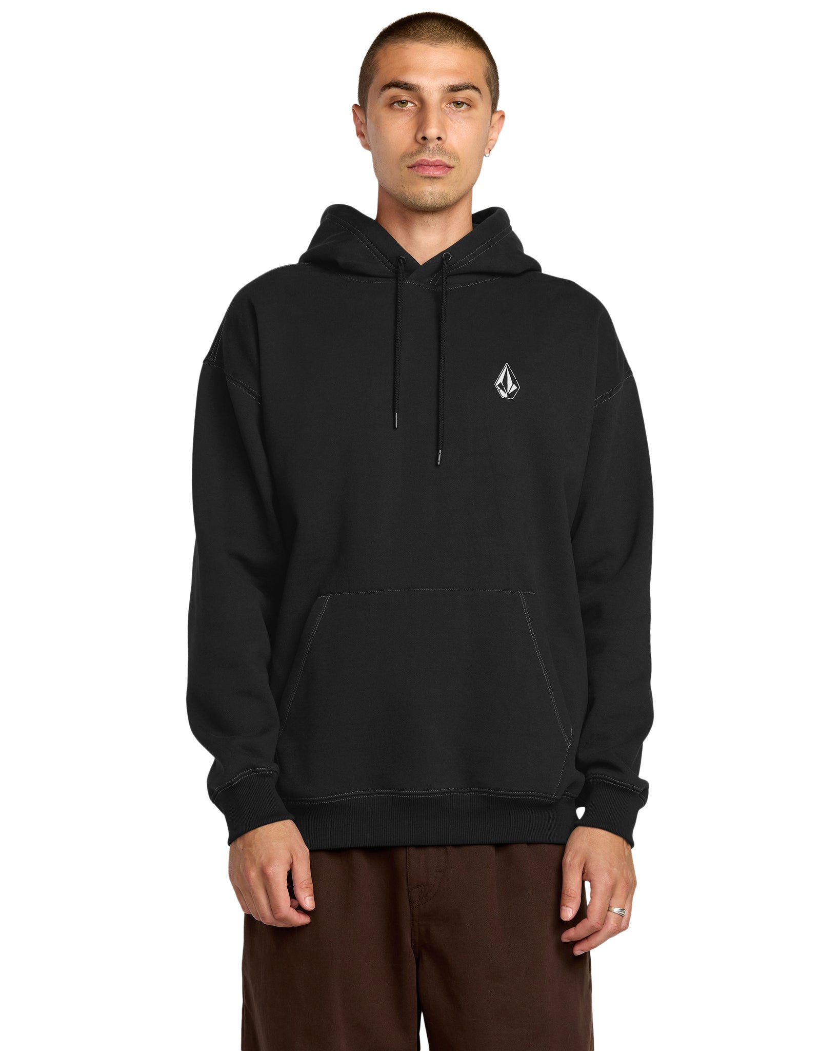 Man wearing a black hoodie with a logo on a white background