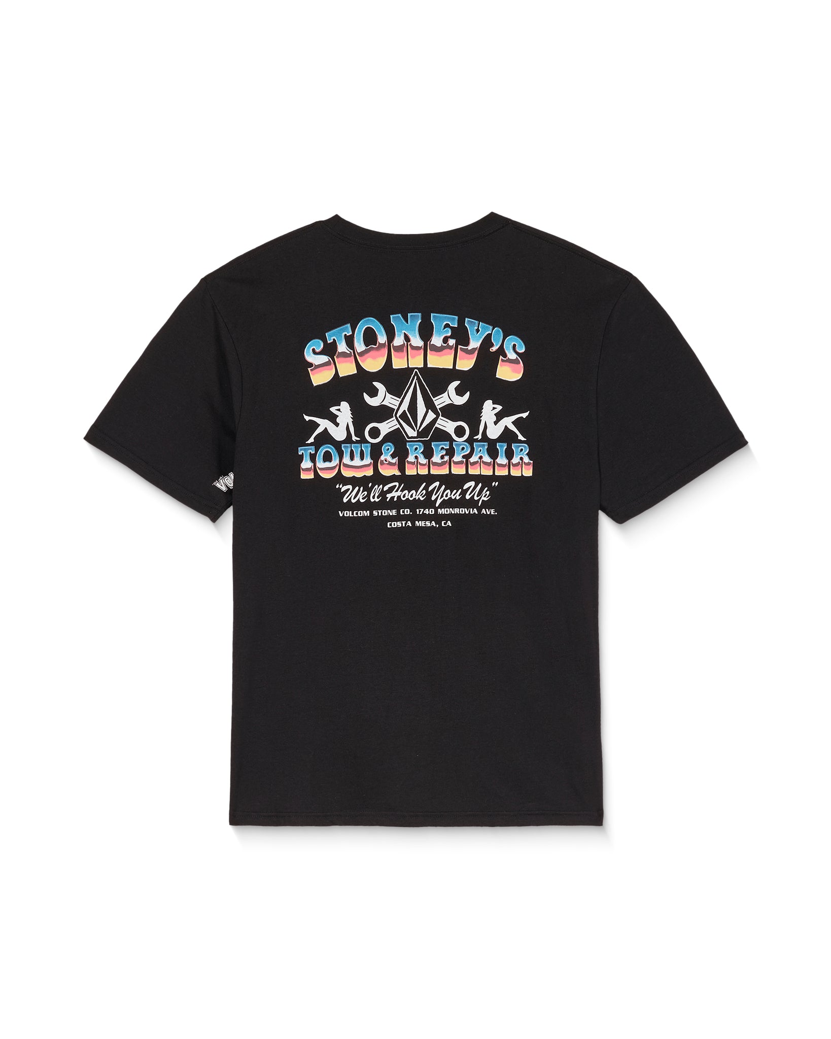 Black t-shirt with colorful graphic design on a white background