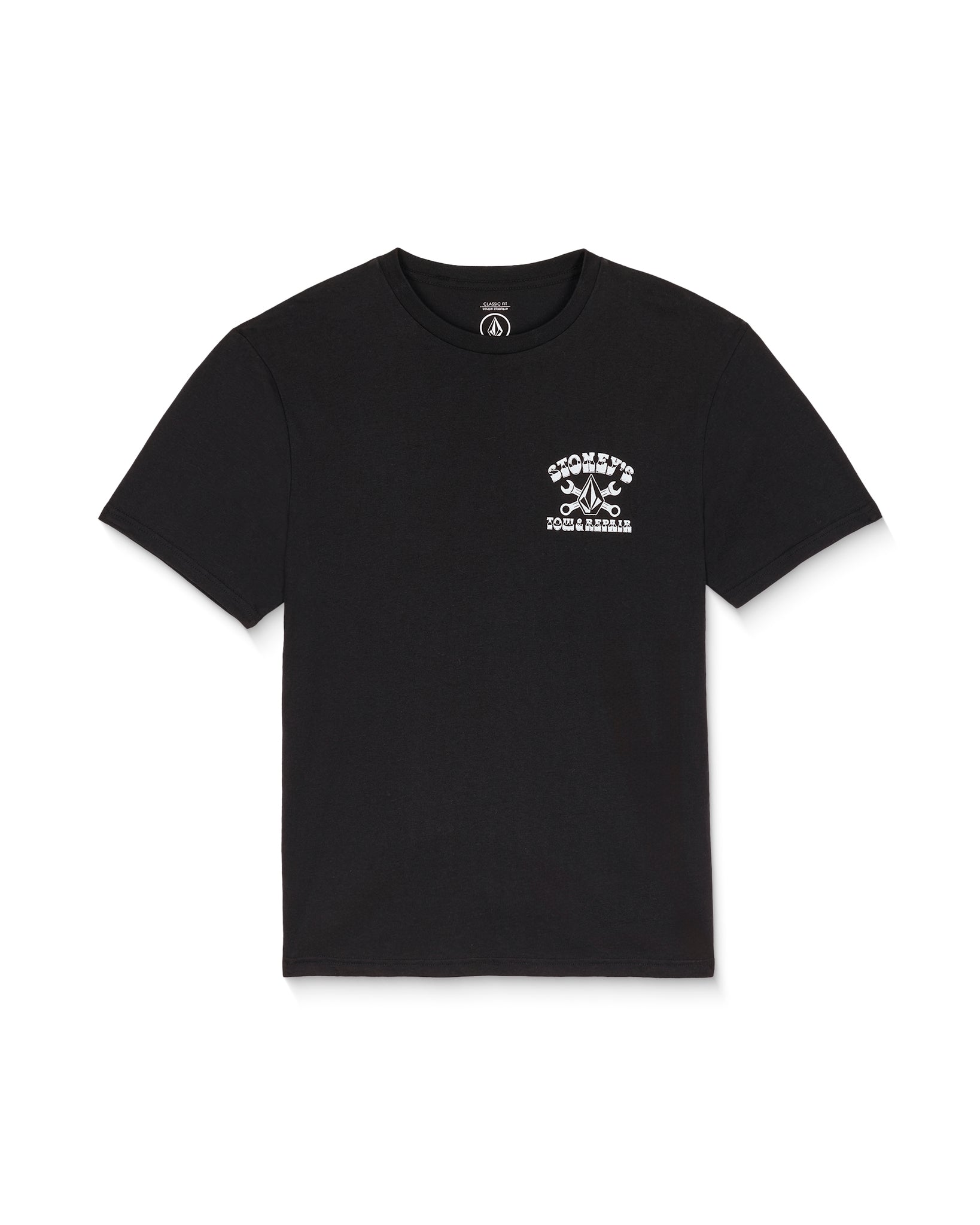 Black t-shirt with a logo on the chest against a white background