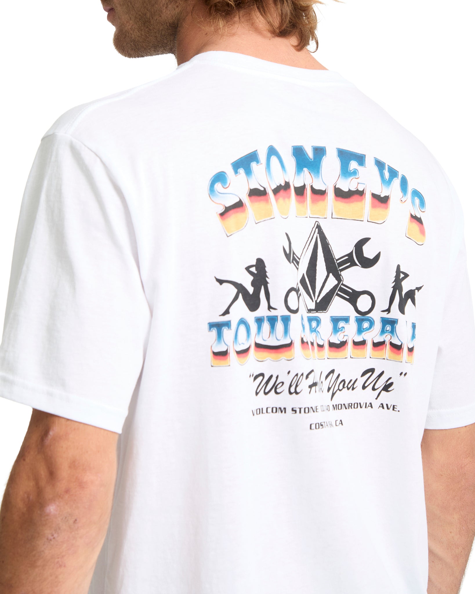 White t-shirt with colorful graphics and text on a white background