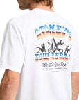 White t-shirt with colorful graphics and text on a white background