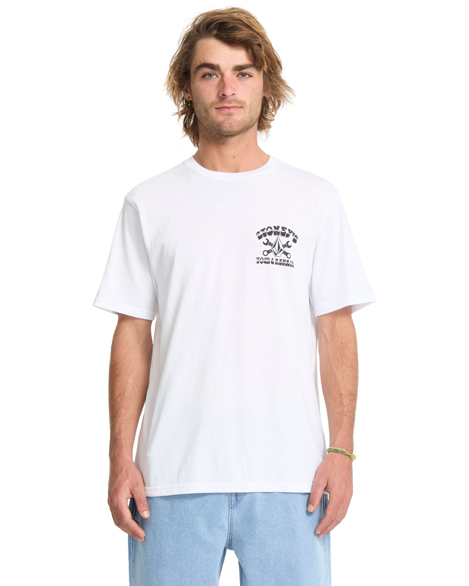 Man wearing a white t-shirt with a graphic design on a white background