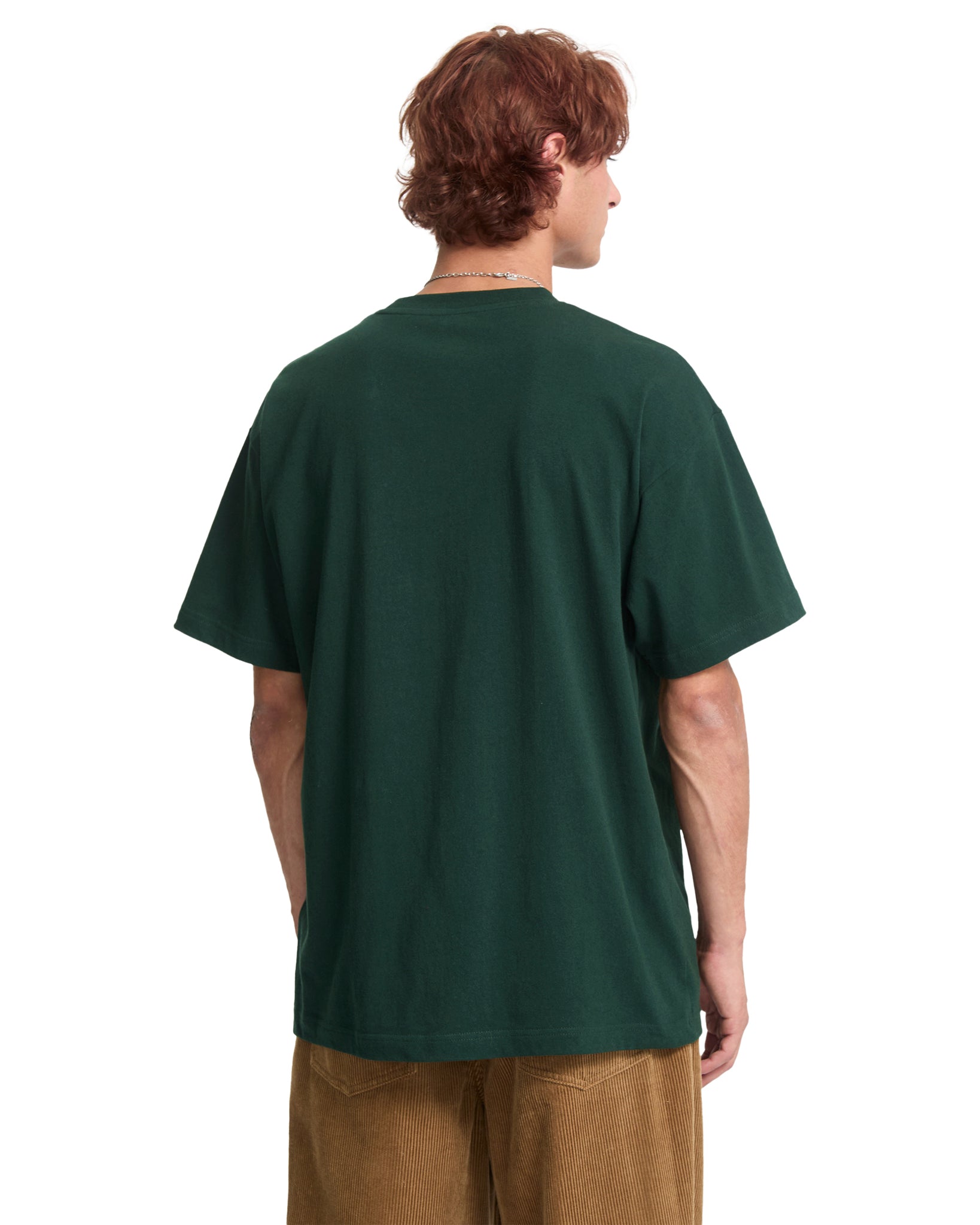 Person wearing a dark green t-shirt on a white background