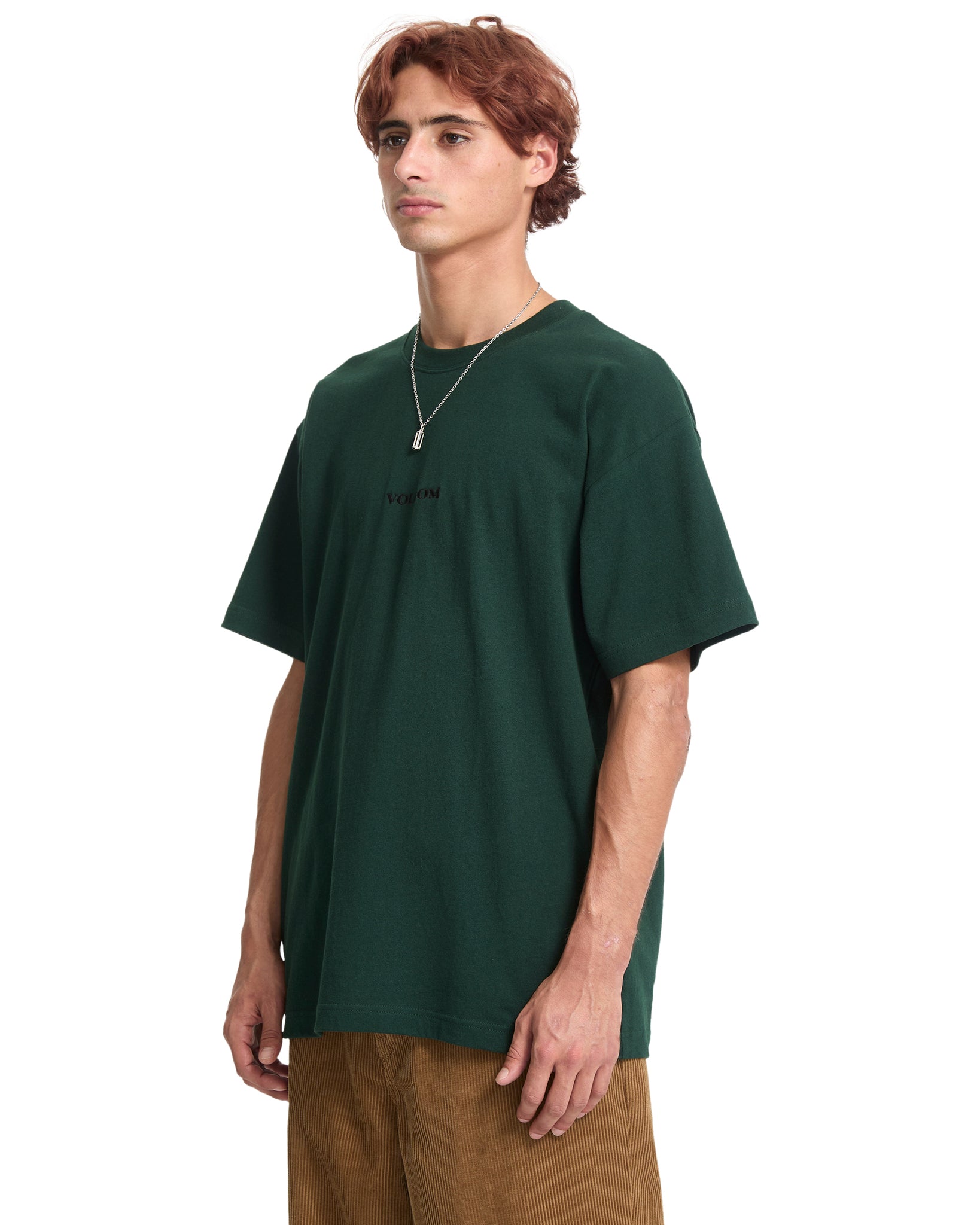 Man wearing a green t-shirt on a white background