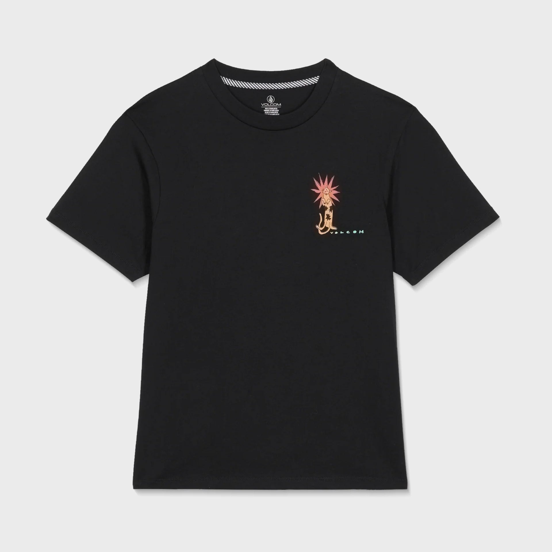 Black t-shirt with a small embroidered design on a light gray background