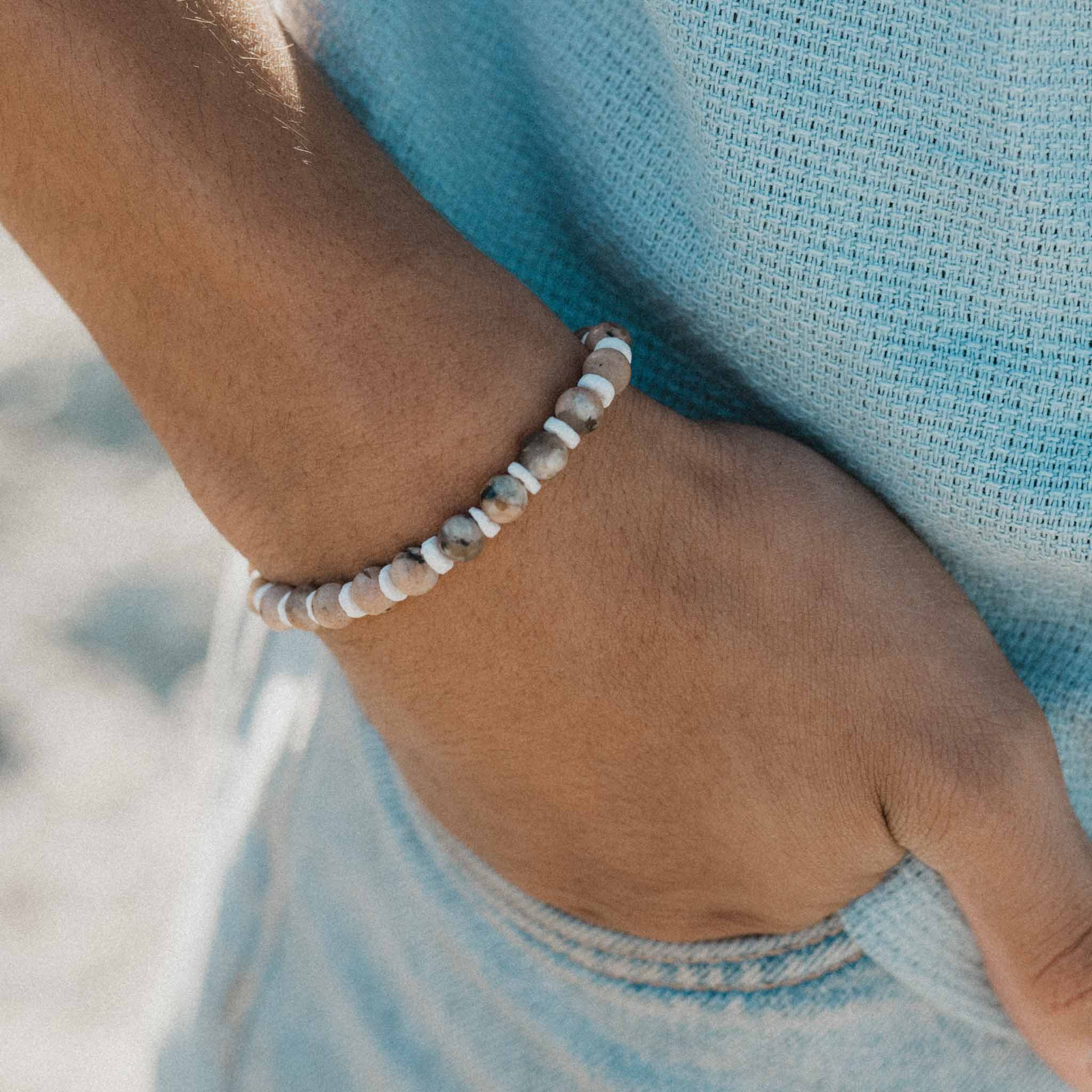 Pineapple Island Puncak Jaya Rhodonite Stretchy Bracelet - Natural Stone Pale Tones