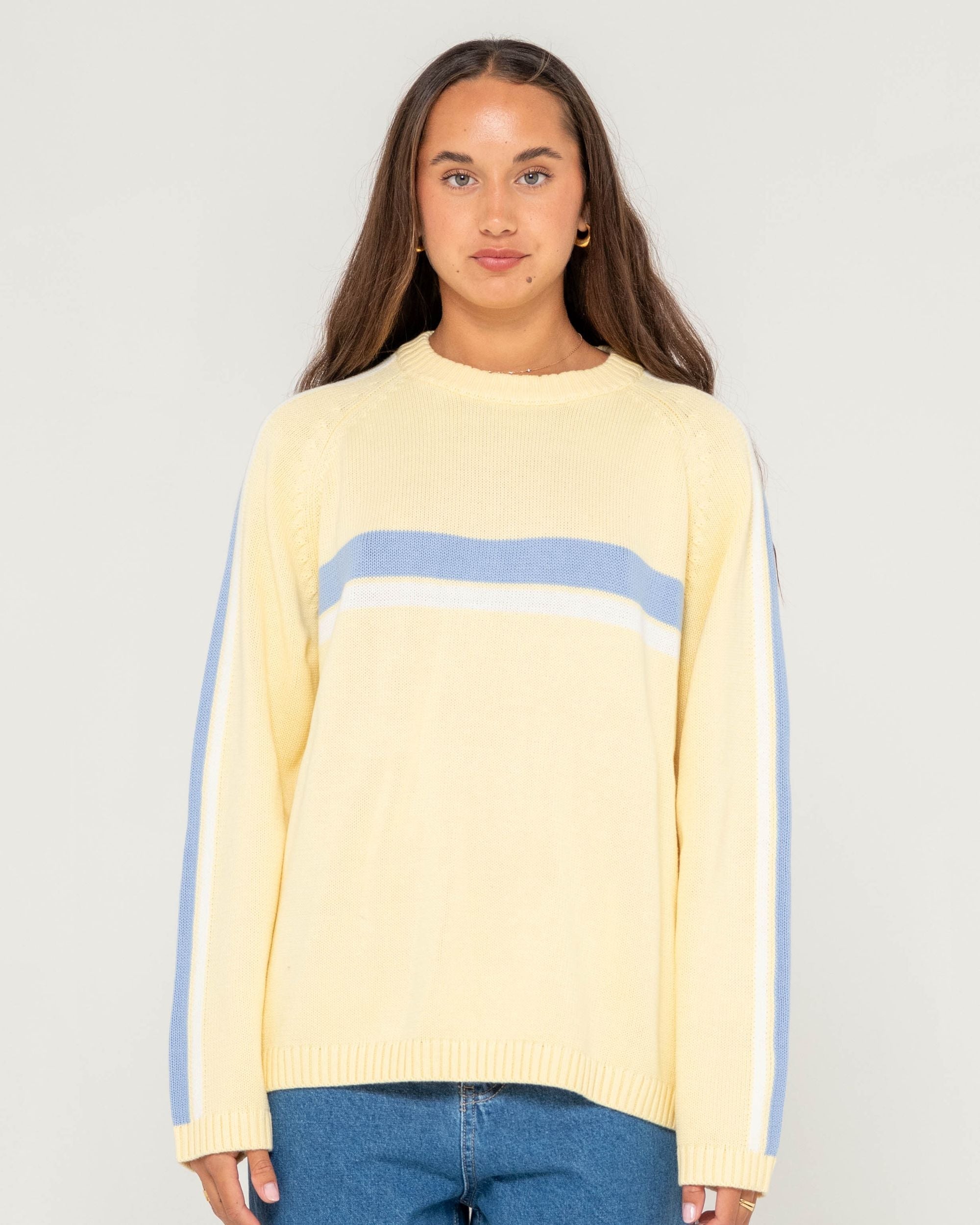 Rusty Womens White Lines Long Sleeve Crew Neck Knit - Pale Banana/Retro Blue