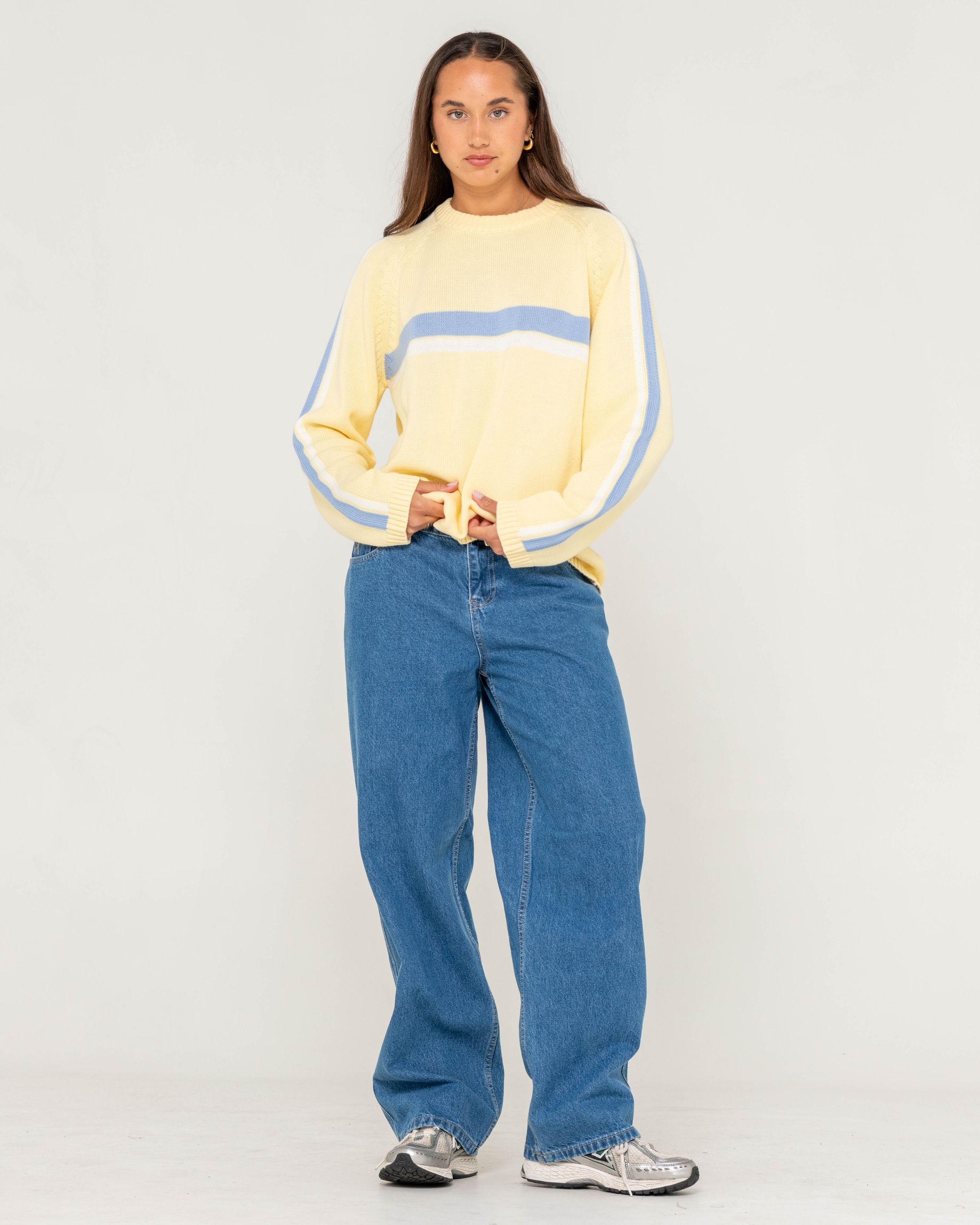 Rusty Womens White Lines Long Sleeve Crew Neck Knit - Pale Banana/Retro Blue