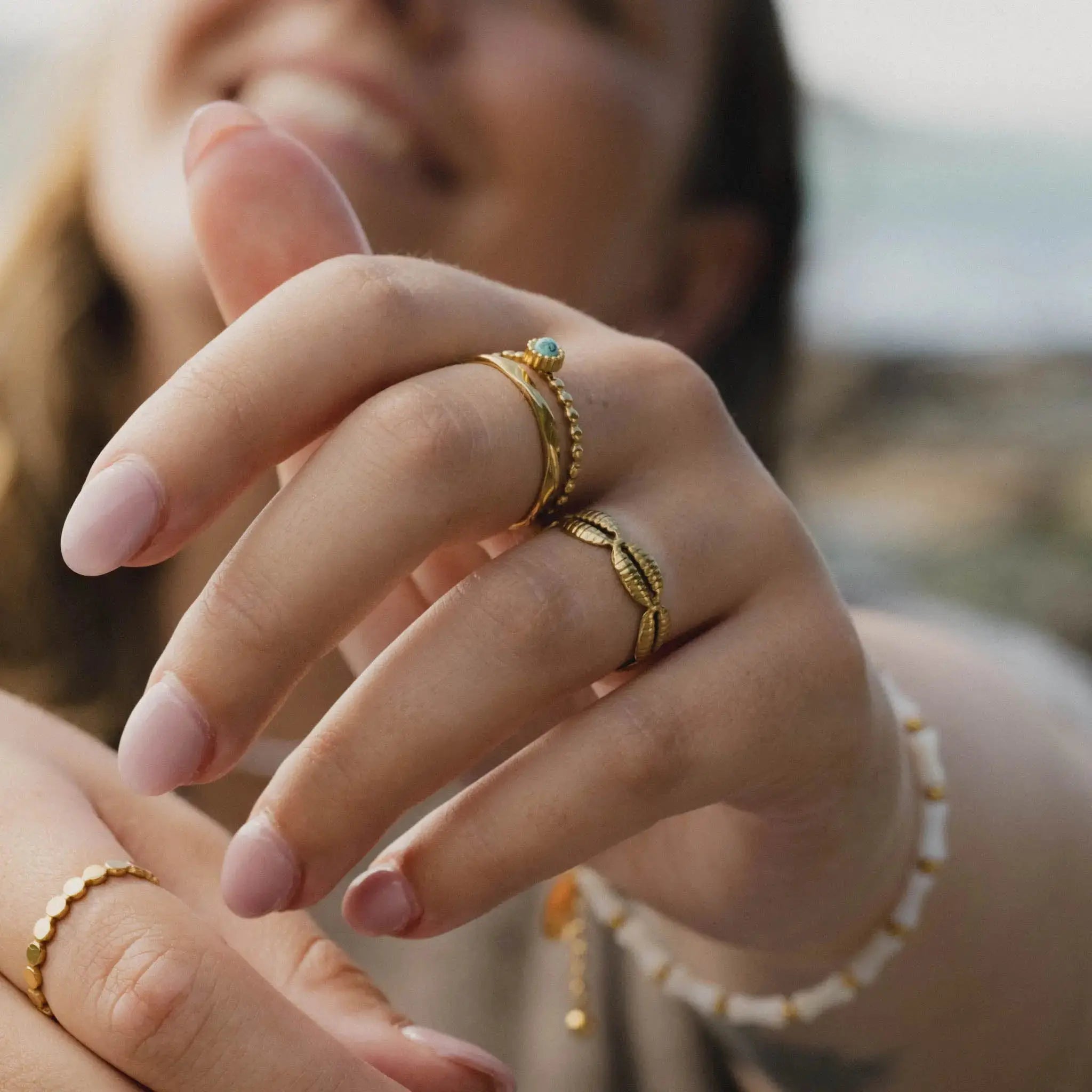 Pineapple Island Turquoise Stone Double Ring - Gold