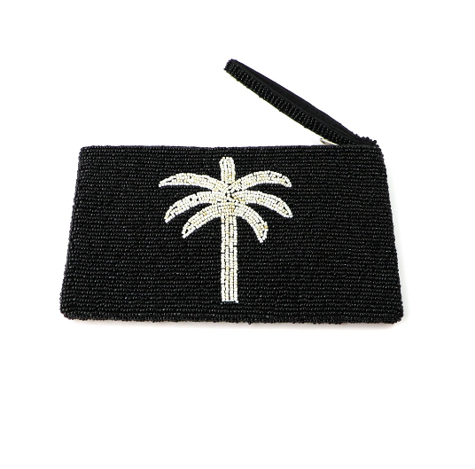 Pineapple Island Large Palm Tree Beaded Pouch - Black