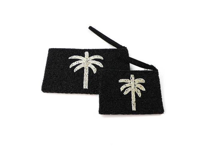 Pineapple Island Large Palm Tree Beaded Pouch - Black