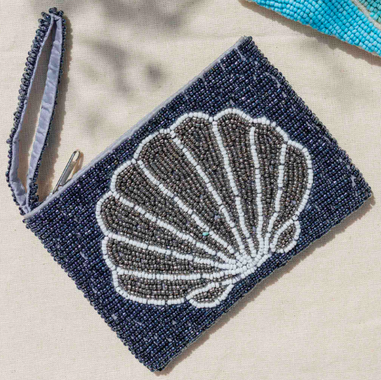 Pineapple Island Small Shell Beaded Pouch - Navy