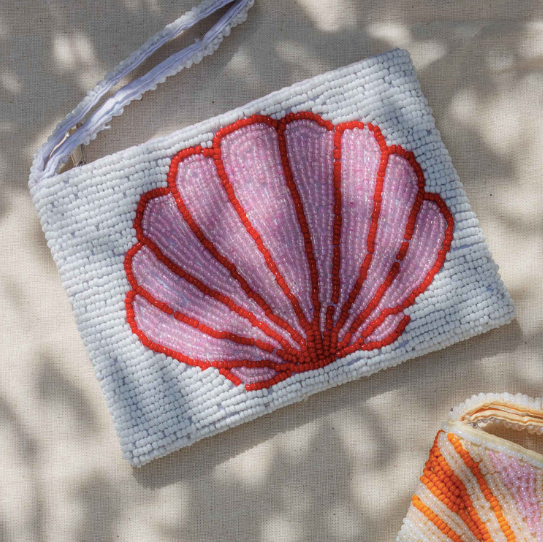 Pineapple Island  Small Shell Beaded Pouch - Pink/White