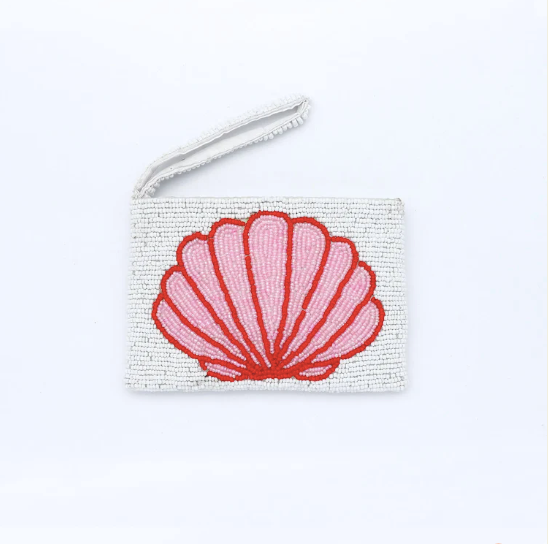 Pineapple Island  Small Shell Beaded Pouch - Pink/White