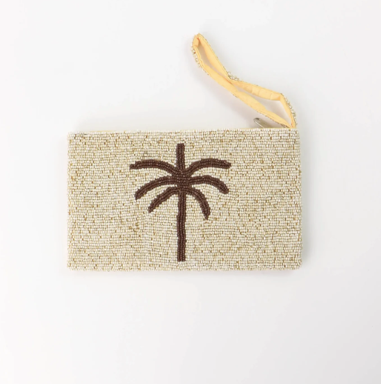 Pineapple Island Large Palm Tree Beaded Pouch - Beige