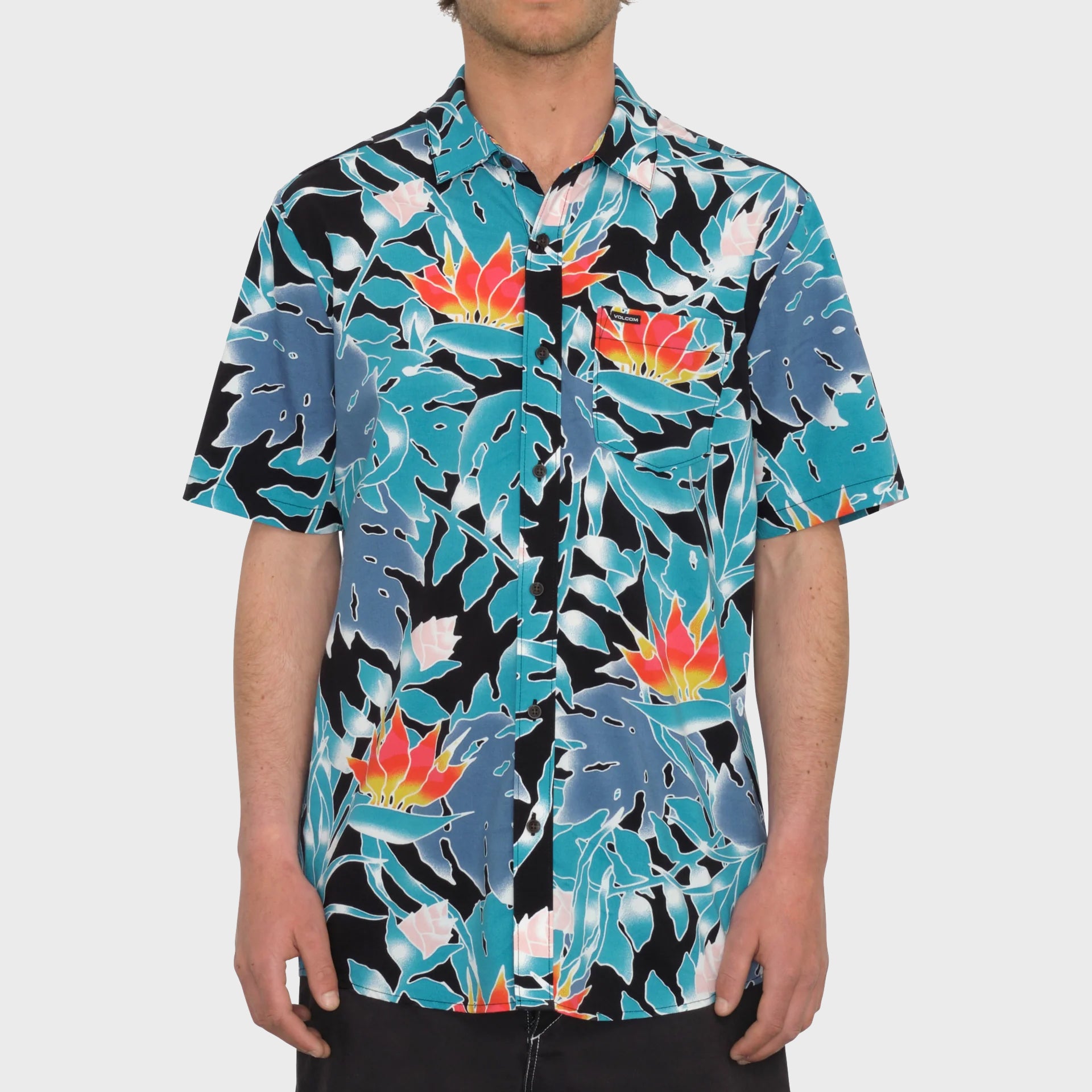 Volcom Mens Leaf Pit Floral Short Sleeve Shirt - Black - ManGo Surfing