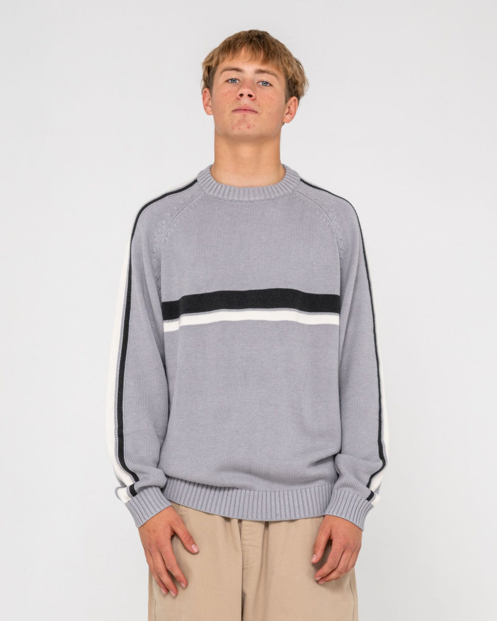 Rusty Mens White Lines 2.0 Crew Neck Knit - Stone Grey