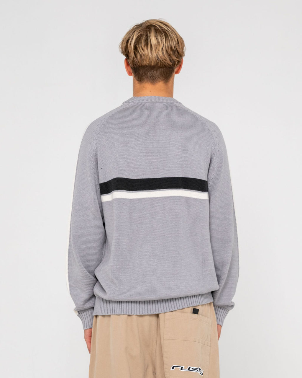 Rusty Mens White Lines 2.0 Crew Neck Knit - Stone Grey