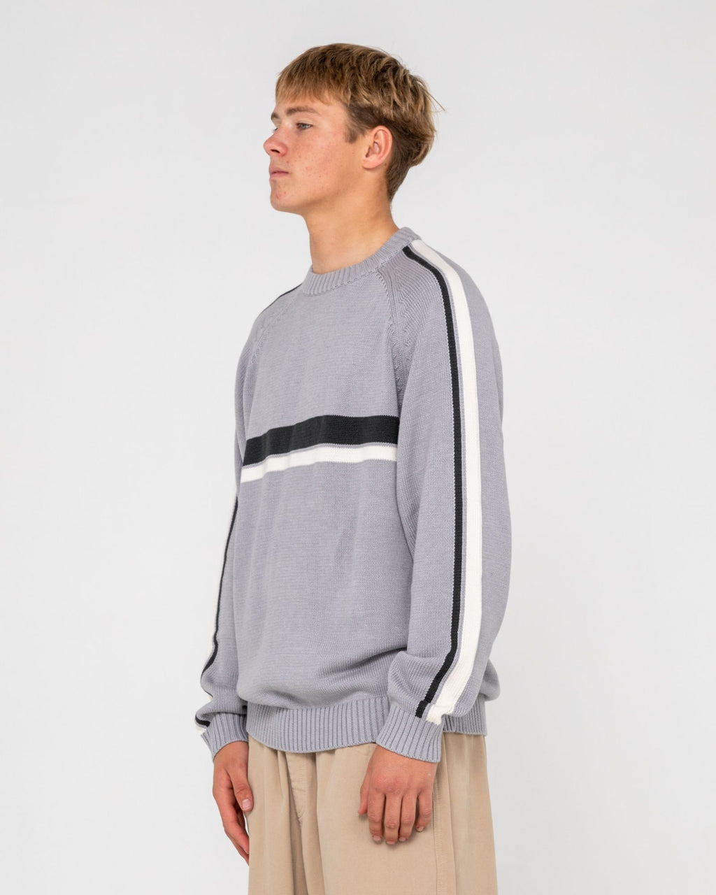 Rusty Mens White Lines 2.0 Crew Neck Knit - Stone Grey