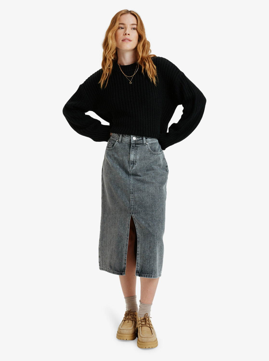 Roxy Cold Winds Midi Length Denim Skirt - Mid Grey