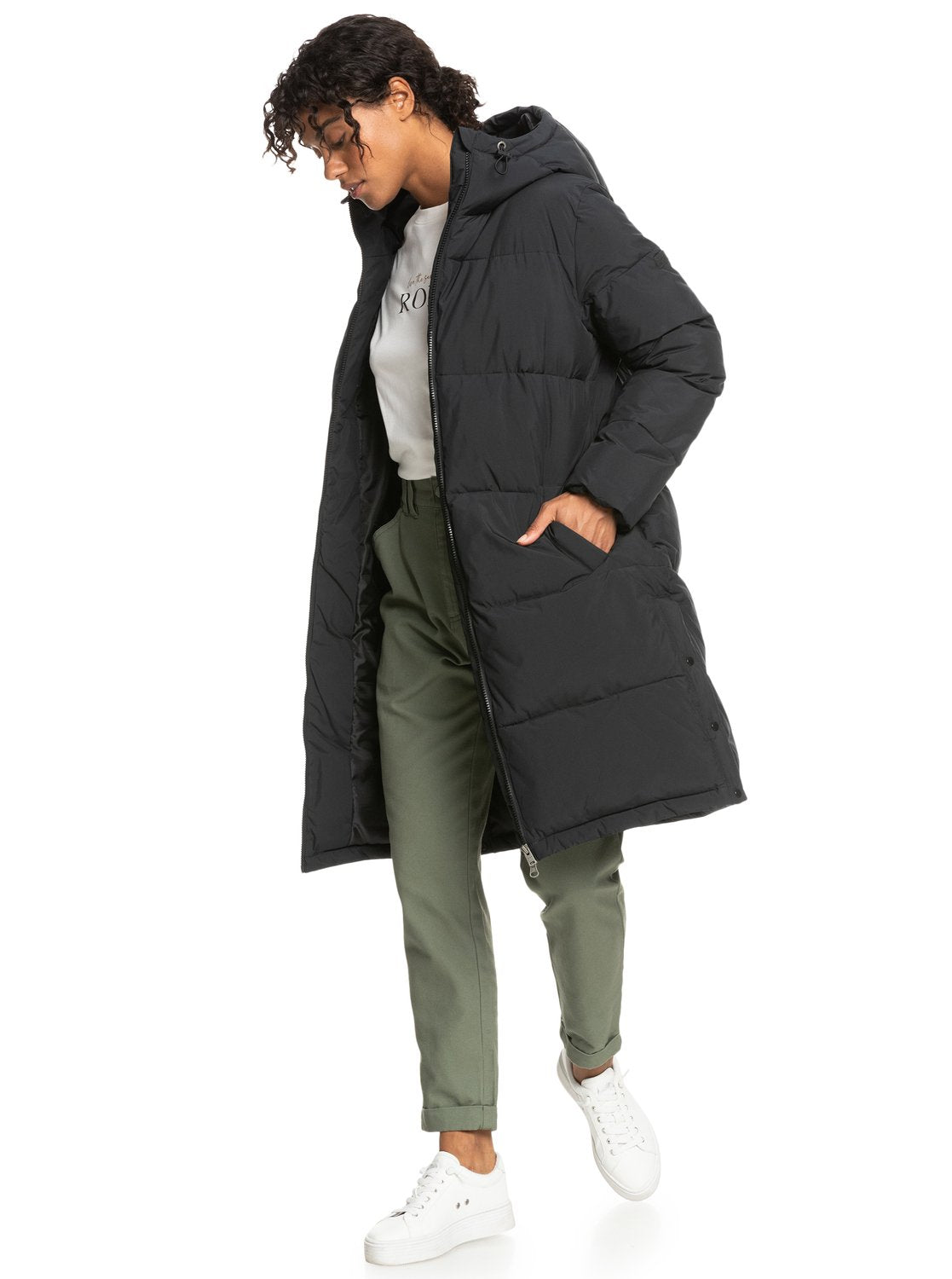 Roxy Womens Test Of Time Long Hooded Puffa Jacket - Anthracite - ManGo Surfing