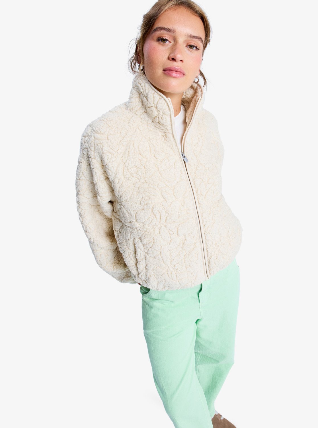 Roxy Womens Blurry Cloud Full Zip Relaxed Fleece - Parchment